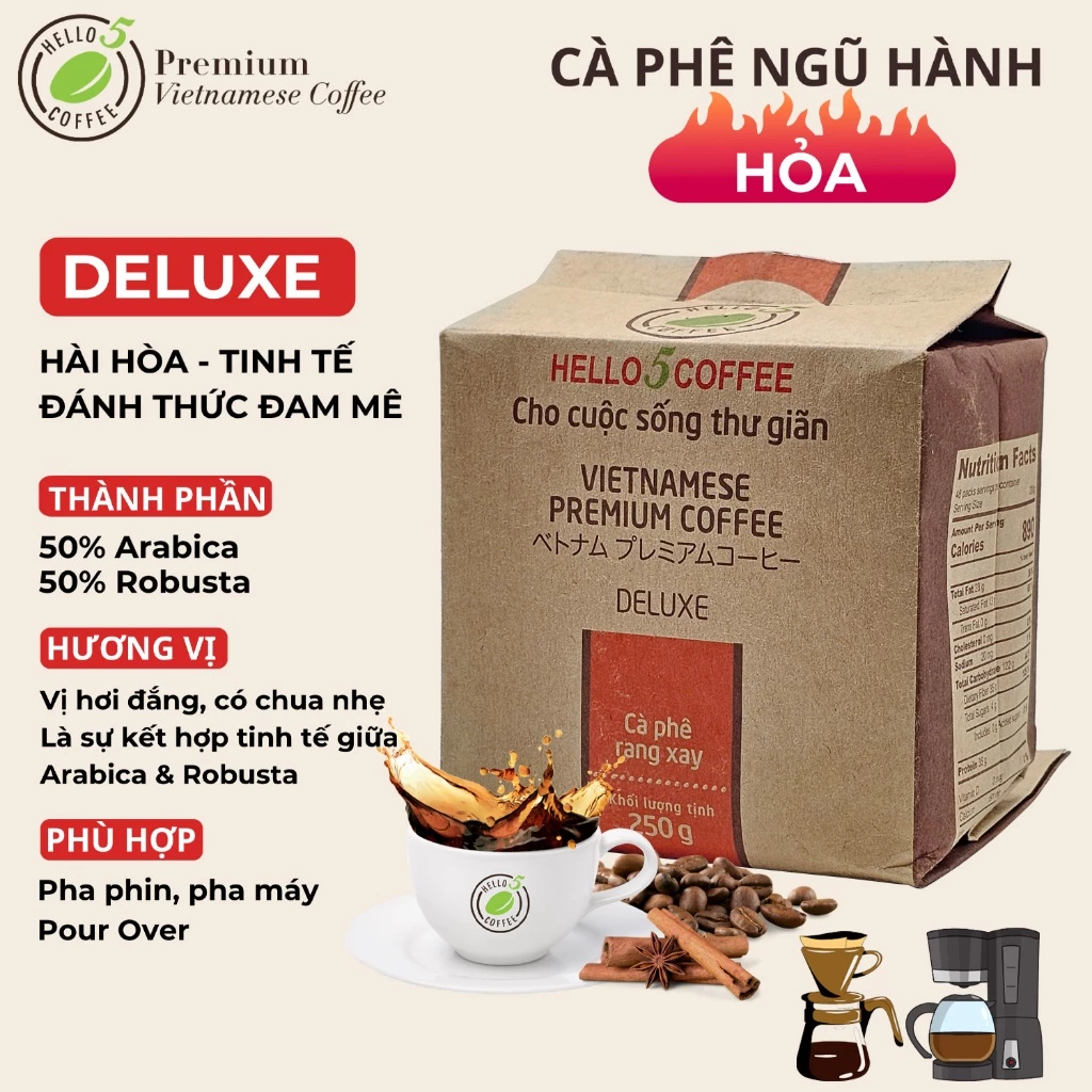Cà phê rang xay nguyên chất Hello 5 Coffee DELUXE (túi giấy 250gr)