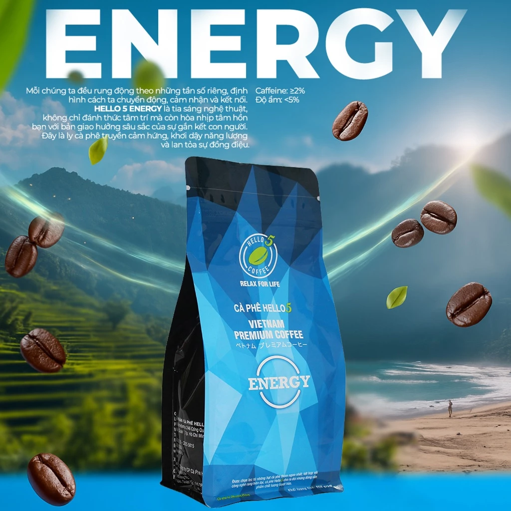 Cà phê rang xay nguyên chất Hello 5 Coffee ENERGY (túi zipper 250gr) - Hình ảnh 2