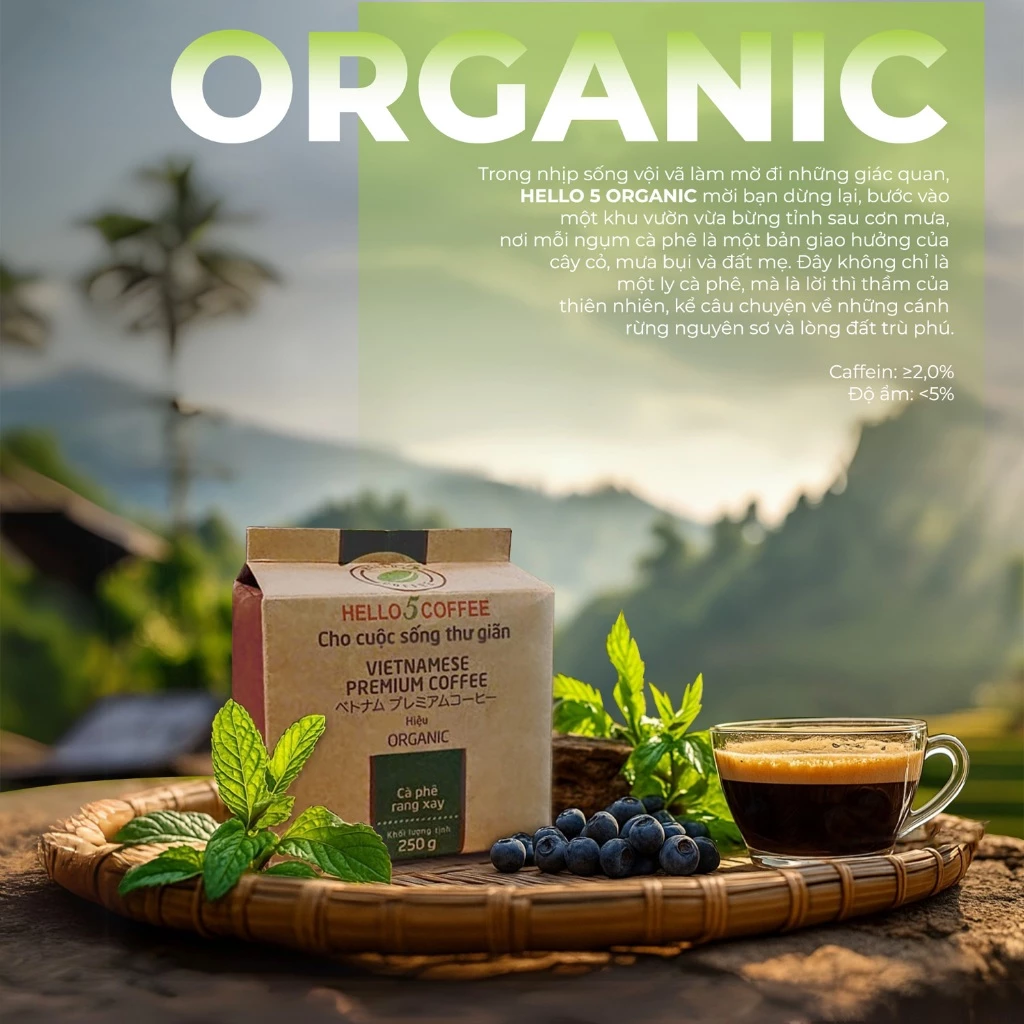 Cà phê rang xay nguyên chất Hello 5 Coffee ORGANIC (túi giấy 250gr) - Hình ảnh 2
