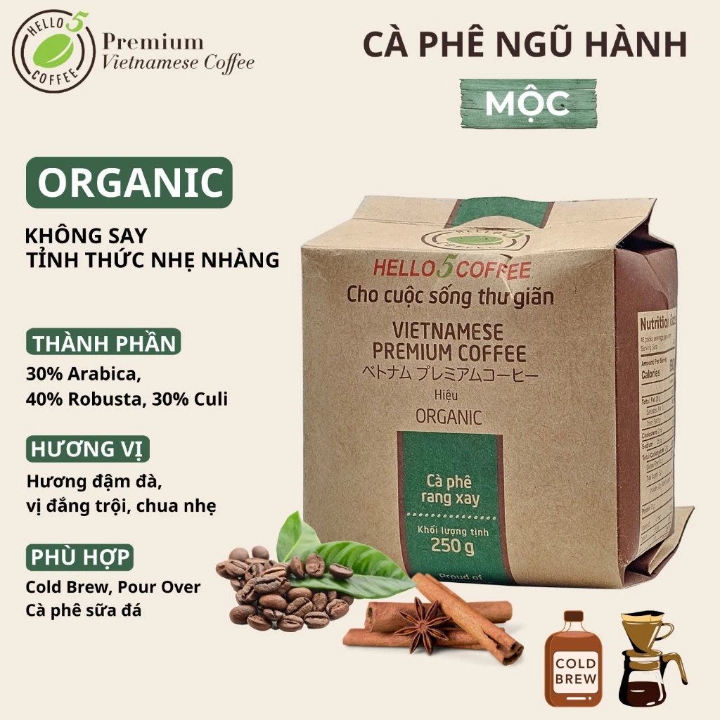 Cà phê rang xay nguyên chất Hello 5 Coffee ORGANIC (túi giấy 250gr)