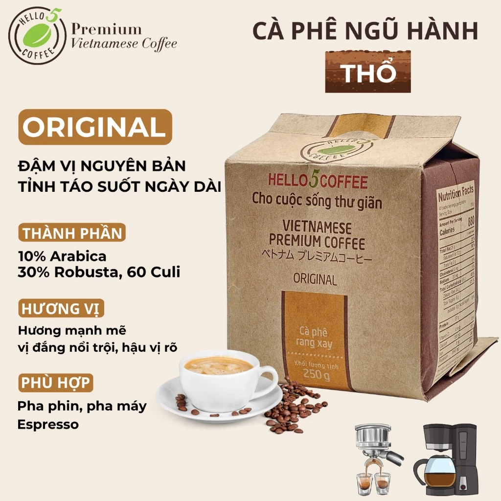 Cà phê rang xay nguyên chất Hello 5 Coffee ORIGINAL (túi giấy 250gr)