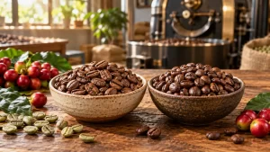 Arabica và Robusta trong hai khay hạt cà phê rang